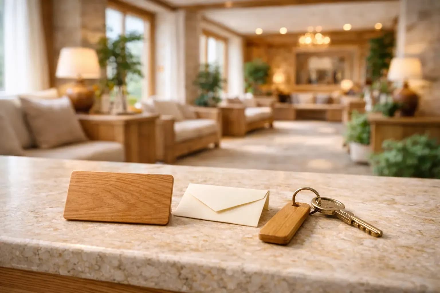 Eine hochwertige Holzkarte und ein eleganter Umschlag auf einem Hotel-Empfangstresen – Offline-Touchpoints, die Direktbuchungen im Hotel fördern.