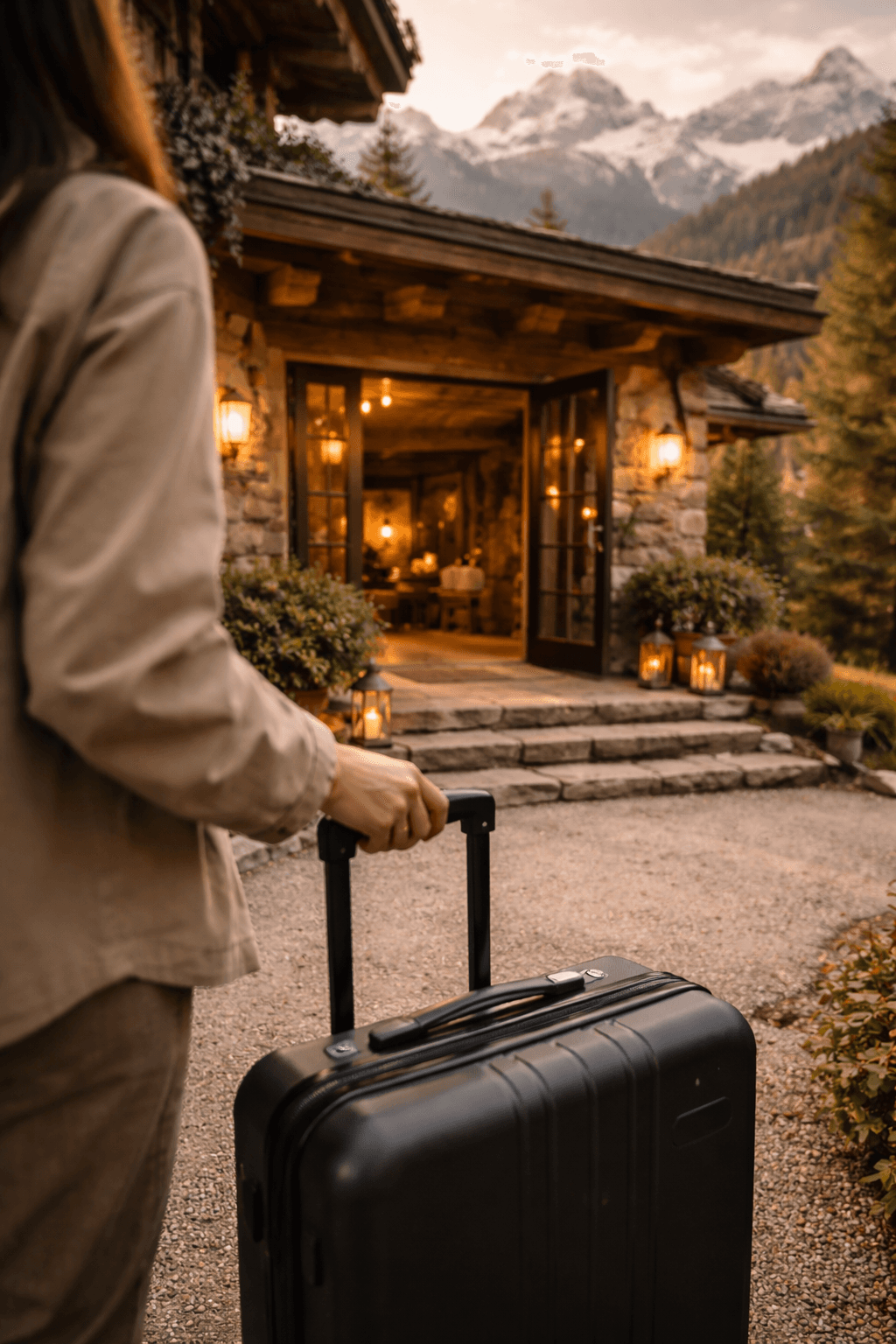 Gast mit Koffer vor dem Eingang eines alpinen Naturhotels – der Moment kurz vor der Ankunft als Teil der Pre-Arrival Guest Journey