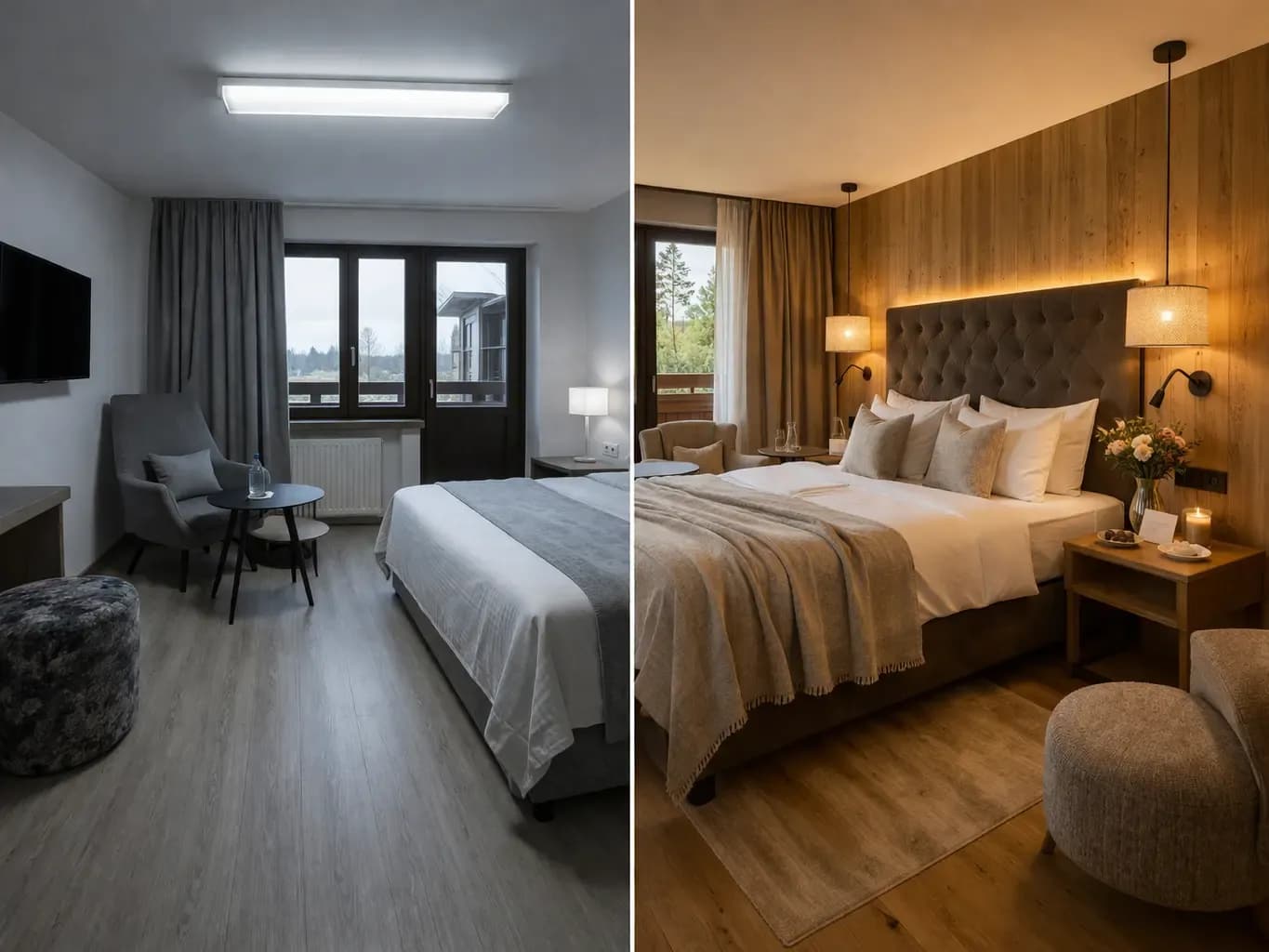 Vergleich eines sterilen Hotelzimmers ohne Touchpoints (links) und eines warmen, einladenden Hotelzimmers mit durchdachten Details und Holzakzenten (rechts) – Touchpoints im Hotel Aufenthalt machen den Unterschied.
