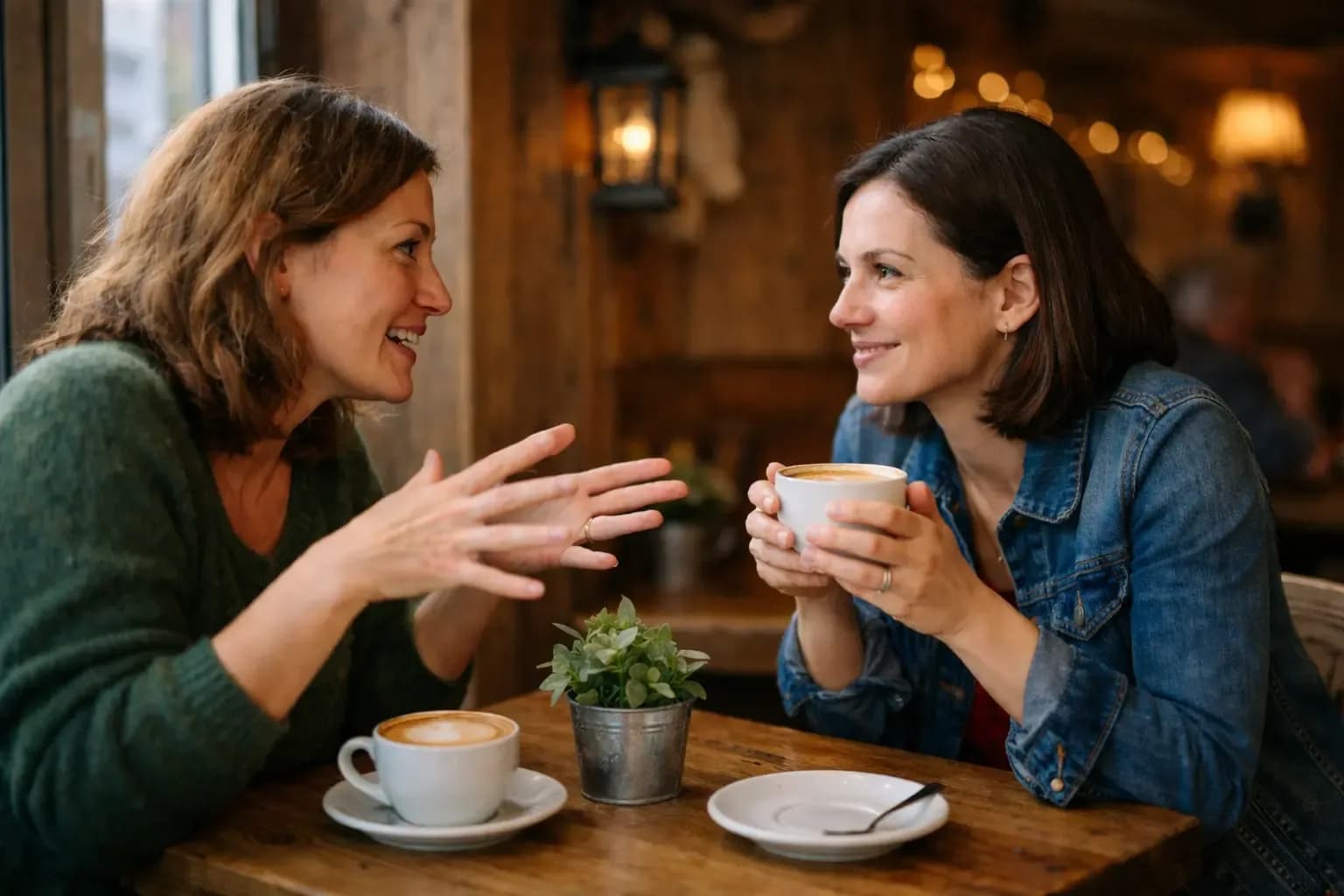 Zwei Freundinnen im Café im persönlichen Gespräch – Sinnbild für Mundpropaganda und Weiterempfehlung in der Hotellerie